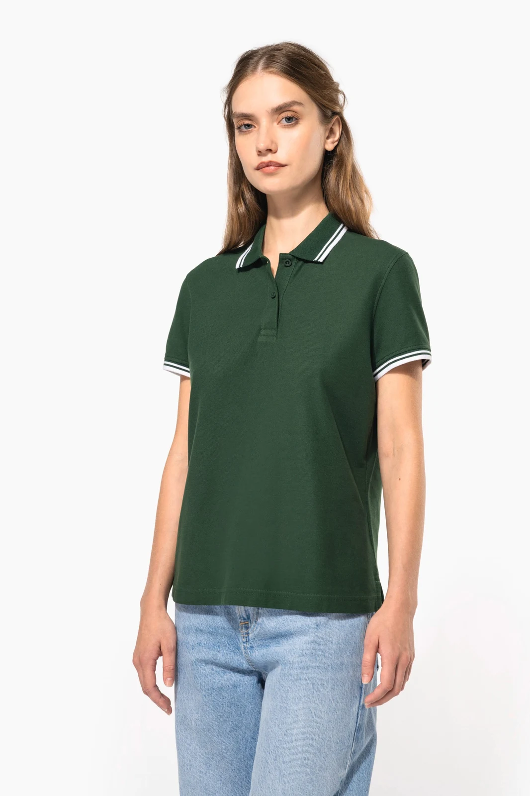 Damen Poloshirt mit kurzen Ärmeln und kontrastfarbenen Paspeln