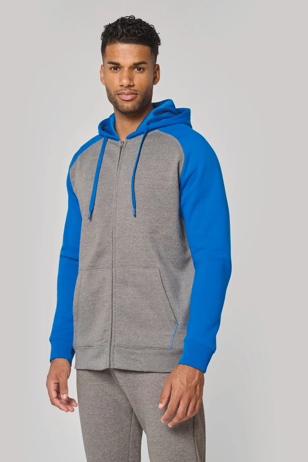 Zweifarbige Unisex-Fleecejacke mit Reißverschluss und Kapuze
